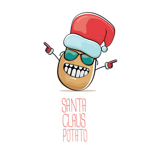 矢量时髦漫画卡通可爱的棕色微笑圣诞老人与红色的圣诞老人在白色背景上孤立的土豆。蔬菜时髦的圣诞节字符