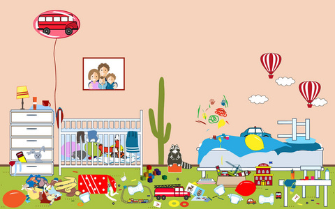 家里一团糟. 漫画风格的形象. 上面的风景.孩子凌乱凌乱的房间.