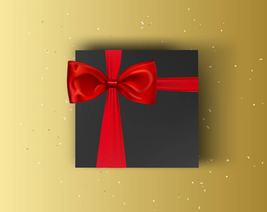空白, 黑色的礼品盒与红丝带和红色的弓在金色的背景。向量模拟上框。用于设计产品包品牌广告的顶部视图模拟框