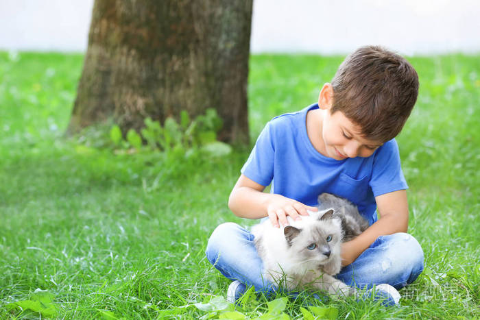小男孩与毛茸茸的猫