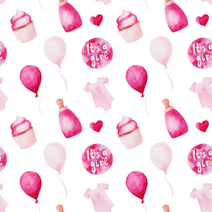 水彩婴儿淋浴模式。粉红色的 baloons, 婴儿奶瓶和蛋糕。用于设计打印或背景
