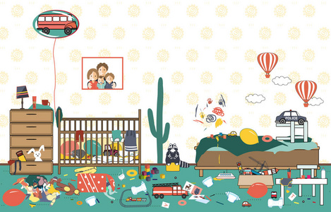 一团糟孩子凌乱凌乱的房间.儿童散落的玩具和衣服.