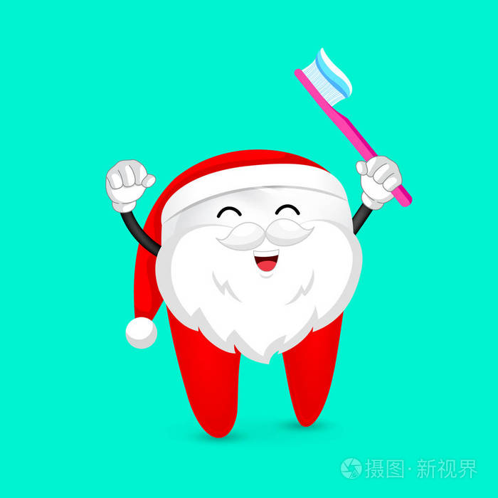 穿圣诞老人套装的卡通牙真有趣。持牙刷带笑脸，护牙理念..绿色背景上孤立的插图。