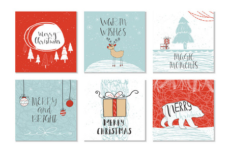 一套6张可爱的圣诞礼品卡，引用快乐的圣诞快乐和明亮的温暖愿望，神奇的时刻。 易于编辑的模板。 矢量。