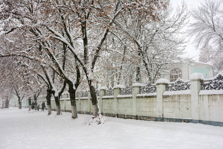 在城市街道上下雪。 欧洲冬季风景优美的城市景观。