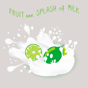 抽象矢量图标插图标志为全熟水果绿柑橘石灰，溅落白牛奶。石灰图案由飞溅滴流液体牛奶组成。在牛奶中吃柑橘类水果。