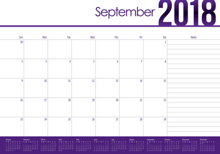2018 年 9 月计划日历矢量图