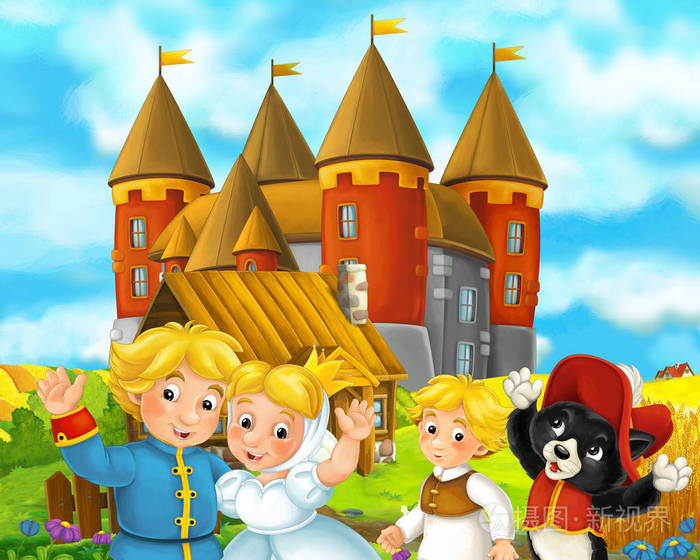 中世纪的和猫站在一起的卡通场景和微笑的美丽城堡,背景为儿童提供