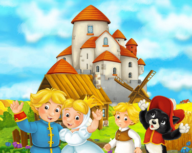 中世纪的和猫站在一起的卡通场景和微笑的美丽城堡，背景为儿童提供彩色插图