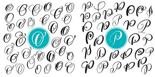 设置字母 O, p 手绘矢量蓬勃发展的书法。脚本字体。用墨水写的独立字母。手写画笔样式。标志包装设计海报用手刻字