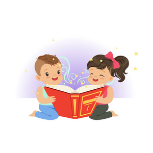 两个小孩在读魔幻故事书.卡通男孩和女孩字符.