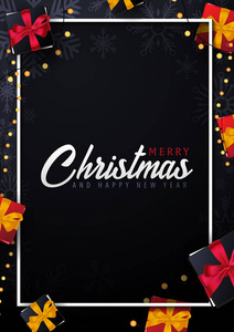 结婚圣诞和新年快乐海报红色背景与礼品盒。矢量插图
