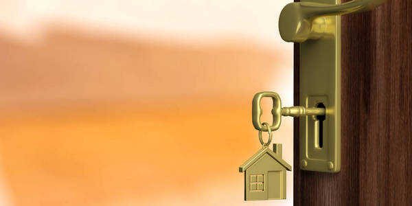 公寓或家庭门口与开放的门, 橙色背景。3d 插图