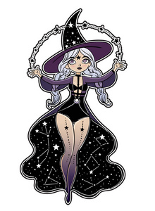 设计的带有魔法物品的美丽卡通女巫连衣裙和帽子的矢量插图设计照片