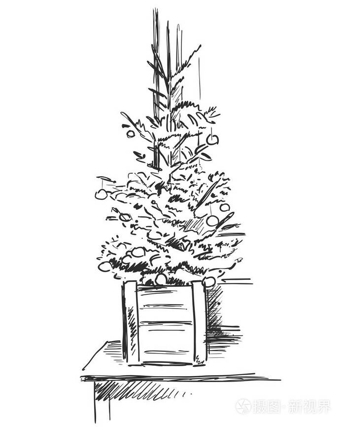 手绘圣诞树矢量插图素描线条艺术