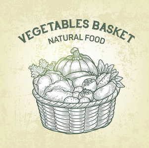 向量篮与新鲜蔬菜。园林食品的写实素描, 轮廓, 复古设计。简单的素食标签对农产品的广告或食谱书的设计是有好处的