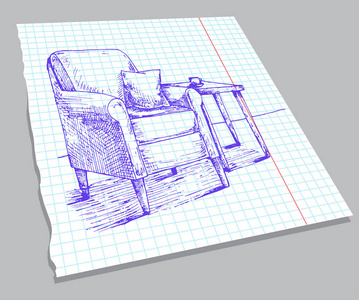 在笔记本纸上绘制内部的手绘草图。柔软的扶手椅与一个枕头, 桌子与一个杯子。草图样式中的矢量插图