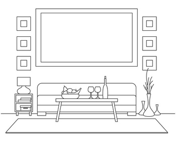 床头桌台灯框在墙上, 以适应您的信息.现代风格的室内线形素描照片