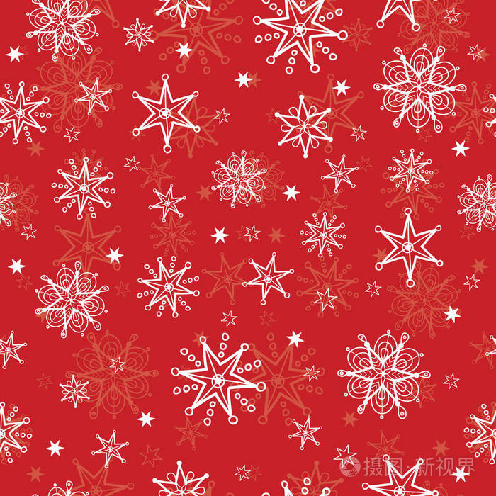 矢量节日红手画圣诞节雪花重复无缝图案背景.