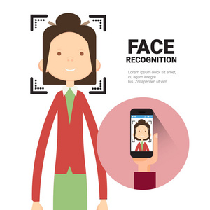 人脸识别手持智能手机扫描妇女现代生物识别系统概念
