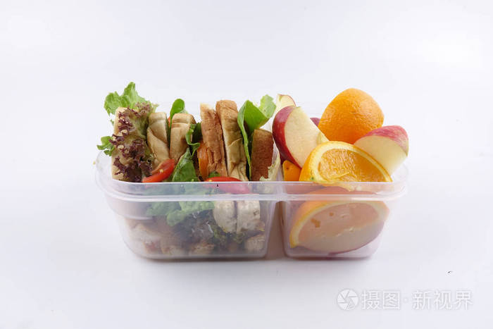 健康的午餐盒，三明治和水果，供学校孩子使用。