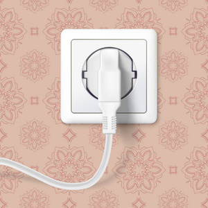 白色插头插在墙上的墙壁插座与墙纸的背景。插头插入电源线与电线。电器连接装置图标