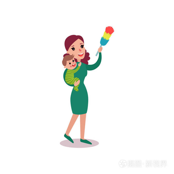 母亲在她的怀抱里擦拭着孩子的灰尘超级妈妈概念矢量插图