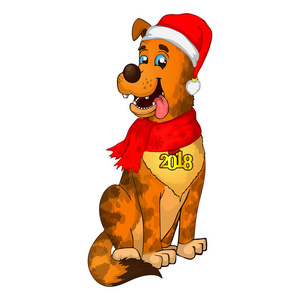 新年2018小狗。快乐的狗卡通。带红领巾的圣诞狗。可爱的棕色小狗