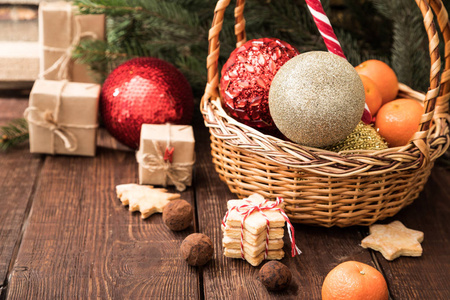 节日礼品盒, 针叶, 篮子, 复古圣诞节