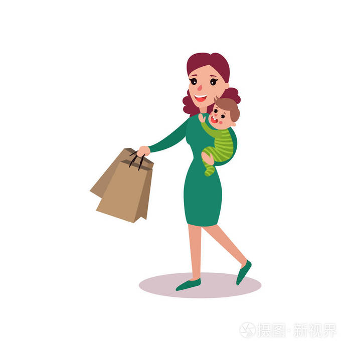 母亲拎着购物袋在一只胳膊和婴孩在另一个, 超级妈妈概念向量图