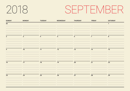 2018 年 9 月计划日历矢量图