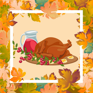 烤全鸡或火鸡酱和烤秋季蔬菜, 酒体在背景上与黄橙叶隔绝。感恩节食品概念