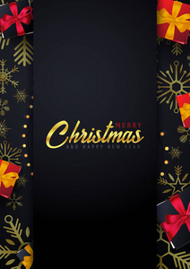 结婚圣诞和新年快乐海报和横幅深色背景与礼品盒。矢量插图