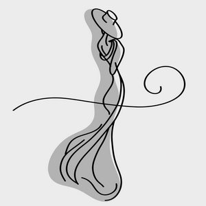 白色小帽带小帽和阴影矢量插图的女性模型背面灰色背景下的黑色曲线画