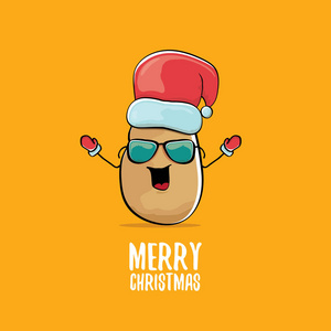 矢量时髦漫画卡通可爱的棕色微笑圣诞老人土豆与红色的圣诞老人帽子和书法欢快的圣诞文本孤立橙色背景。矢量时髦的圣诞人物
