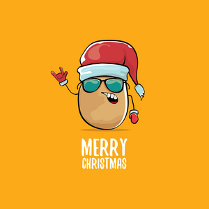 矢量时髦漫画卡通可爱的棕色微笑圣诞老人土豆与红色的圣诞老人帽子和书法欢快的圣诞文本孤立橙色背景。矢量时髦的圣诞人物