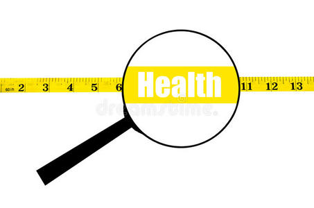 显示健康字和测量腰围的放大镜