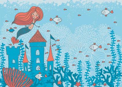 珊瑚中美人鱼的卡通涂鸦插图