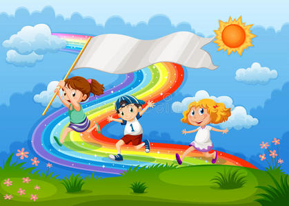 孩子们拿着空横幅和彩虹在天空奔跑