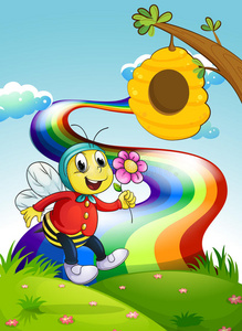 一只微笑的蜜蜂在山顶上拿着一朵花，上面有彩虹