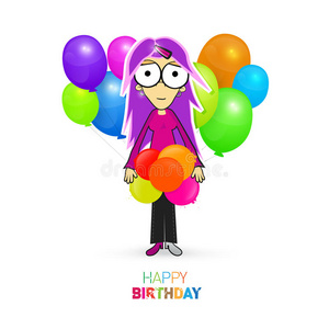 彩色矢量生日快乐主题与女孩和气球