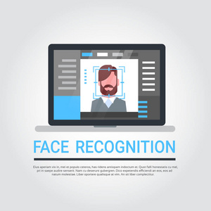 人脸识别技术笔记本电脑安全系统扫描男性用户生物识别概念