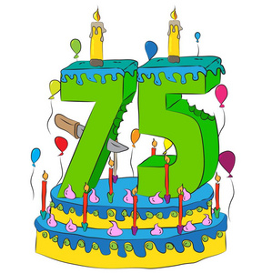 75生日蛋糕与数字七十五蜡烛, 庆祝生活的第七十五年, 五颜六色的气球和巧克力涂层