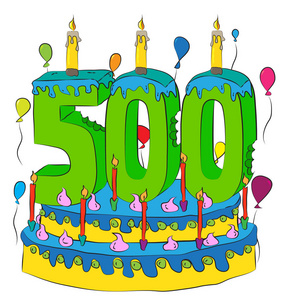 500生日蛋糕与数字500蜡烛, 庆祝500年生活, 五颜六色的气球和巧克力涂层