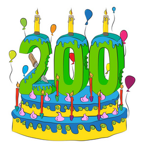 200生日蛋糕与数字200蜡烛庆祝二百年生活, 五颜六色的气球和巧克力涂层