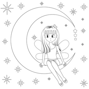 可爱的女孩坐在月亮上, 在夜空星空下做梦.卡通风格.
