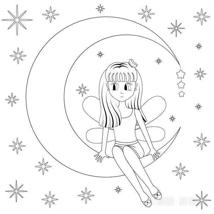 可爱的女孩坐在月亮上, 在夜空星空下做梦.卡通风格.