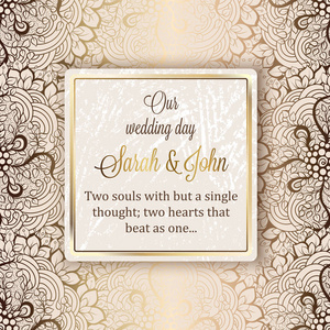 复杂的巴洛克式豪华婚礼邀请卡，丰富黄金装饰米色背景与框架和文本，以闪亮的梯度带花边的叶的地方