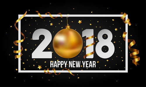 矢量2018年新年快乐背景与金色圣诞球宝布尔和条纹元素
