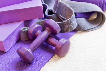 健身瑜伽普拉提设备道具在地毯上照片